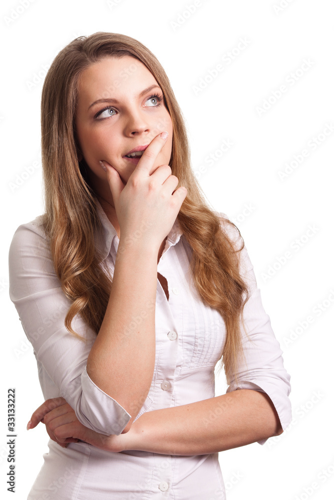 Portrait of a smiling thinking woman looking on copyspace Portrait of a smiling thinking woman looking on copyspace