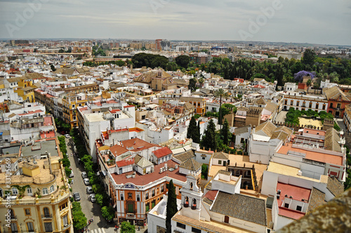 Panorama of the beautiful old centre of Seville Andalucia Spain showing several famous sites taken from the bell tower of it’s amazing cathedral  © corinaldo
