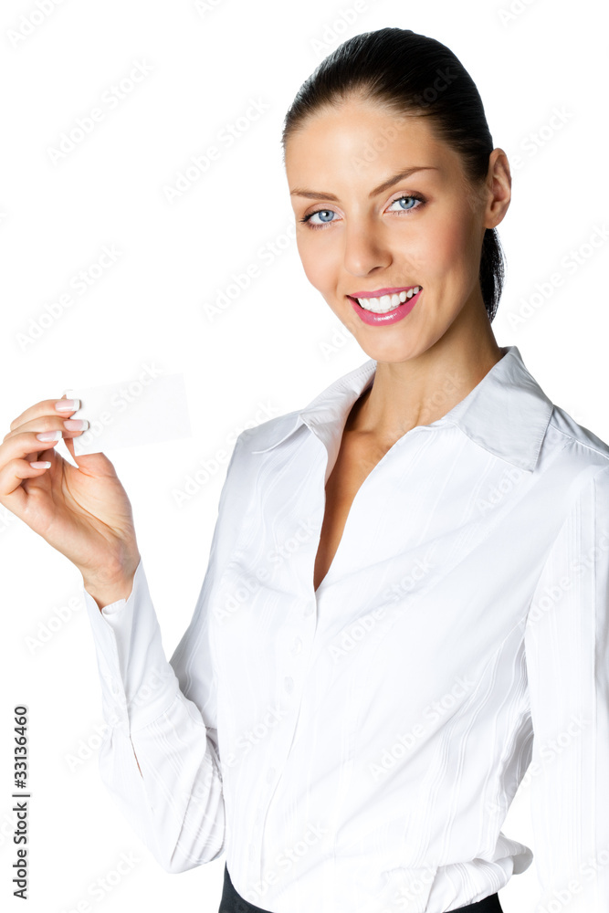 Smiling business woman giving business card, isolated Smiling business woman giving business card, isolated