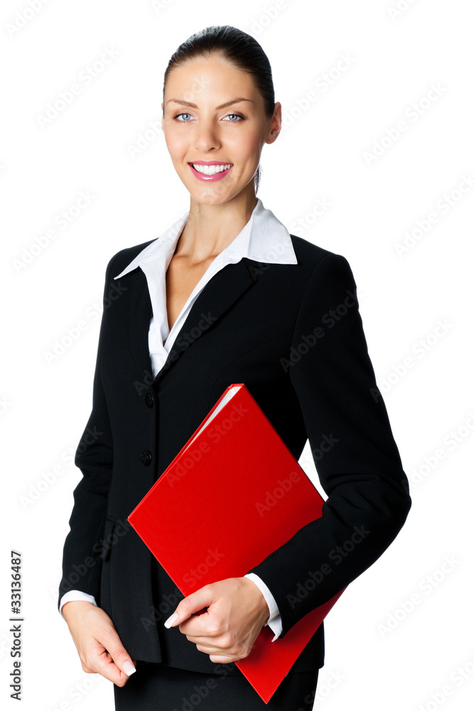 Portrait of smiling business woman with red folder, isolated Portrait of smiling business woman with red folder, isolated