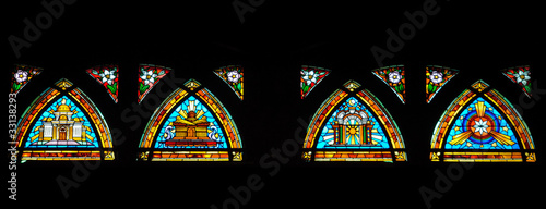 Colorful and bright panoramic Stained Glass window in a church