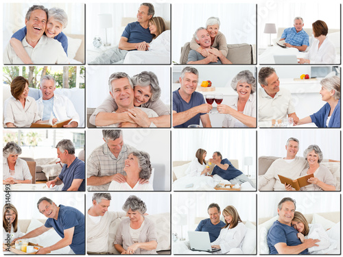 Collage of elderly couples hugging and relaxing