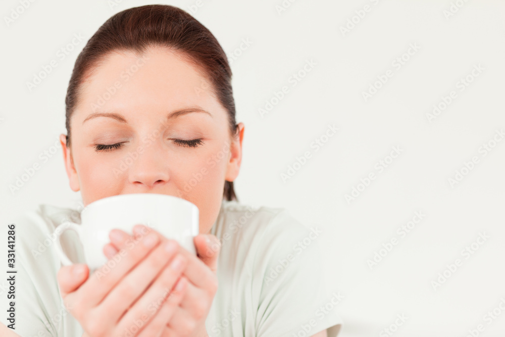 Beautiful female drinking a bowl of coffee Beautiful female drinking a bowl of coffee