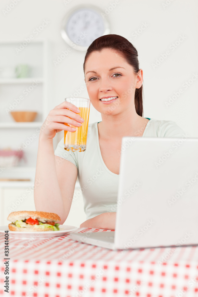 Smiling woman relaxing on her laptop and posing while drinking a Smiling woman relaxing on her laptop and posing while drinking a