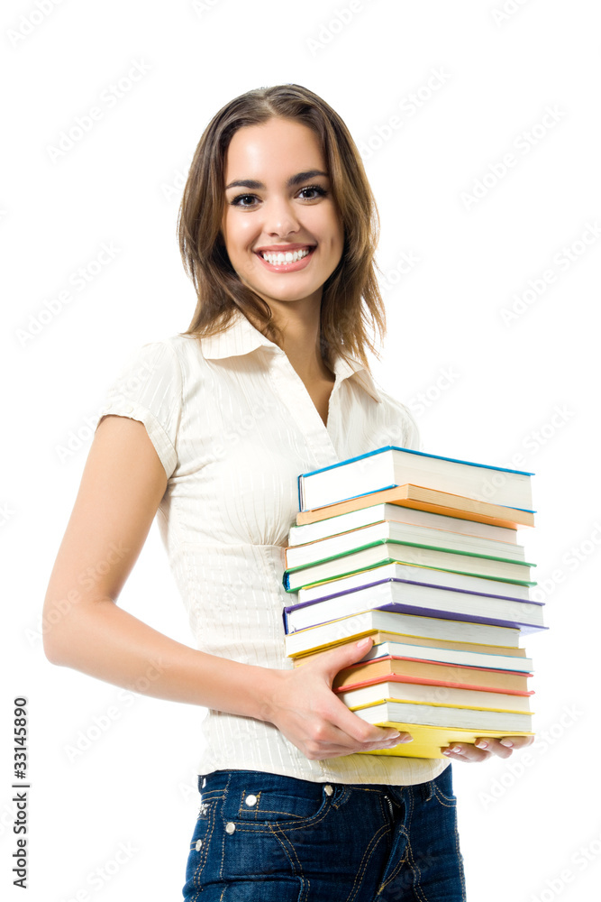 Young happy smiling woman with textbooks, isolated on white