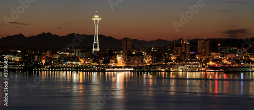 Seattle Skyline at Night by the Pier Panorama