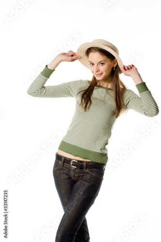 Tablou pe pânză Girl with bonnet coquettish smiles