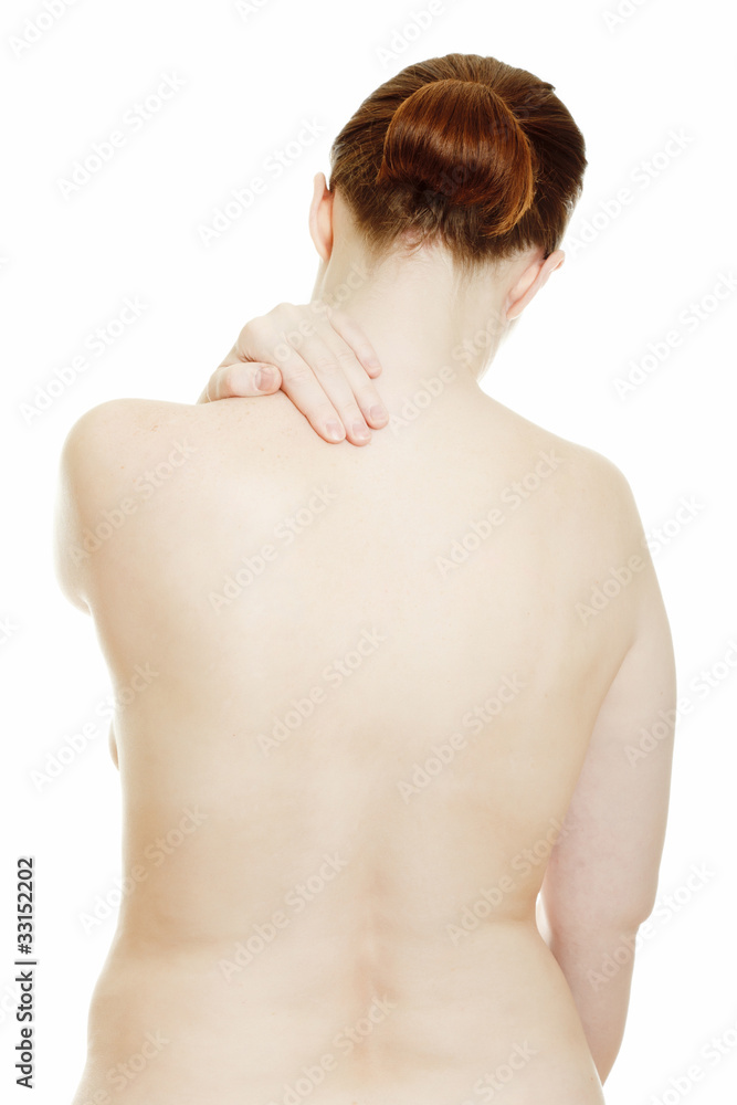 Naklejka premium Osteochondrosis - woman massaging pain back