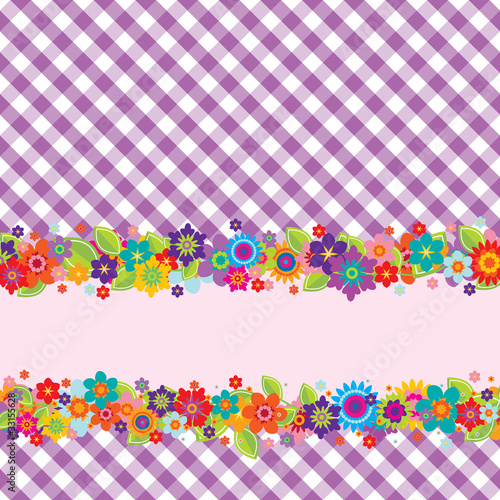 Greeting card with flowers and vichy pattern