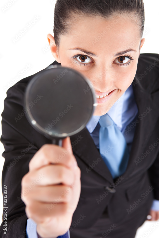 businesswoman holding magnifying glass businesswoman holding magnifying glass