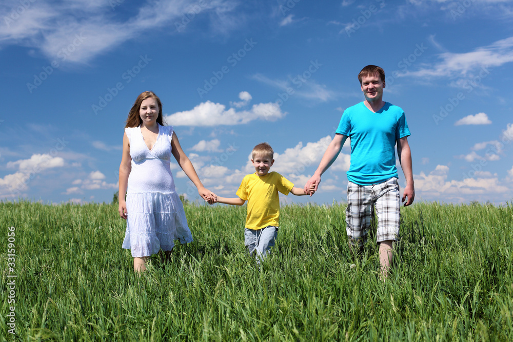 family with son on the meadow - obrazy, fototapety, plakaty 