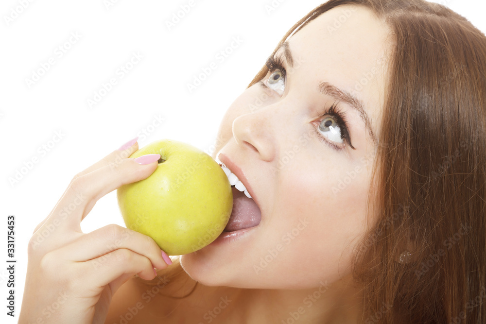 Pretty girl with open mouth eating green ripe apple Pretty girl with open mouth eating green ripe apple