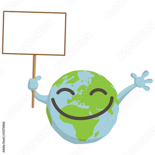 Happy globe holding a blank sign