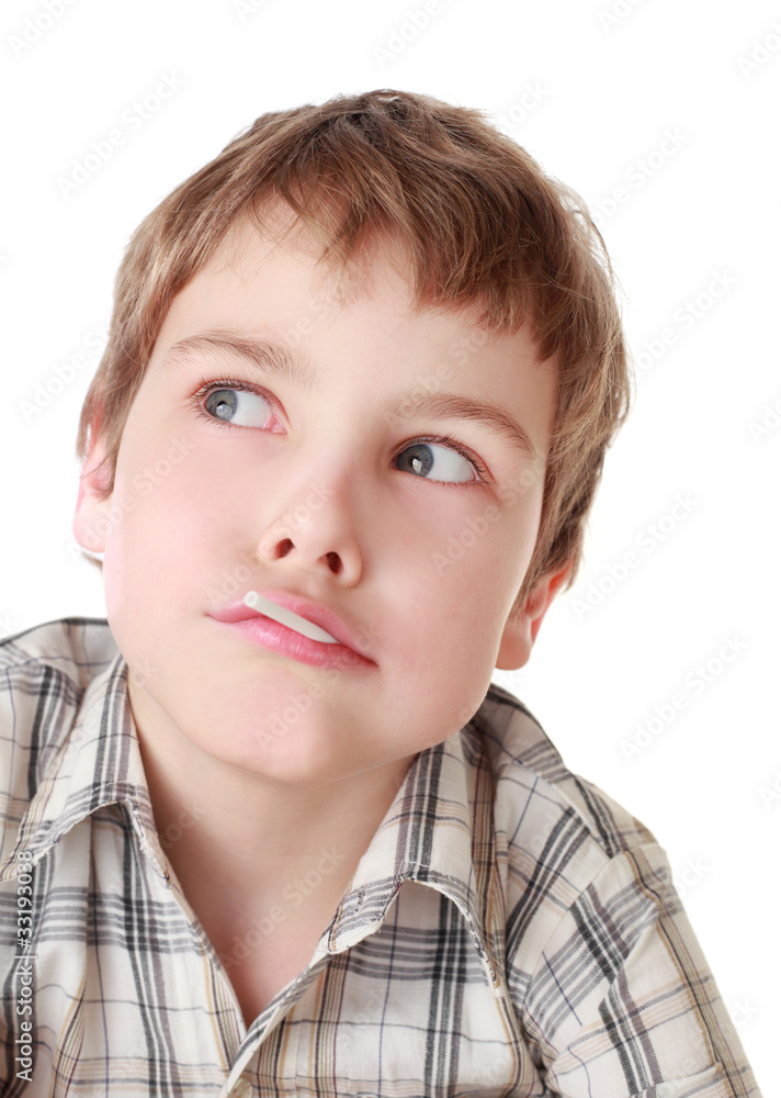 little boy in plaid shirt sucks lollipop isolated on white little boy in plaid shirt sucks lollipop isolated on white