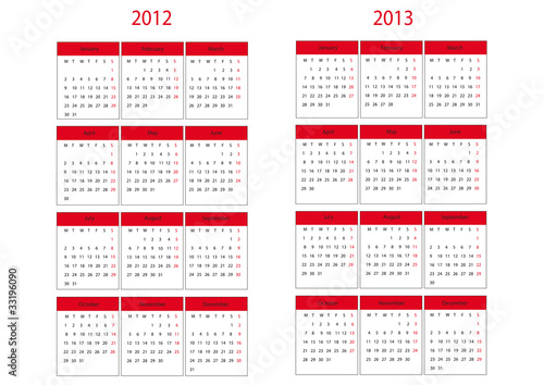 Calendar 2012 and 2013 start in Monday