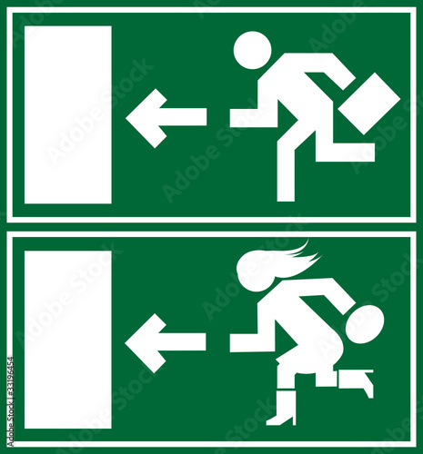 Green emergency exit sign, icon and symbol