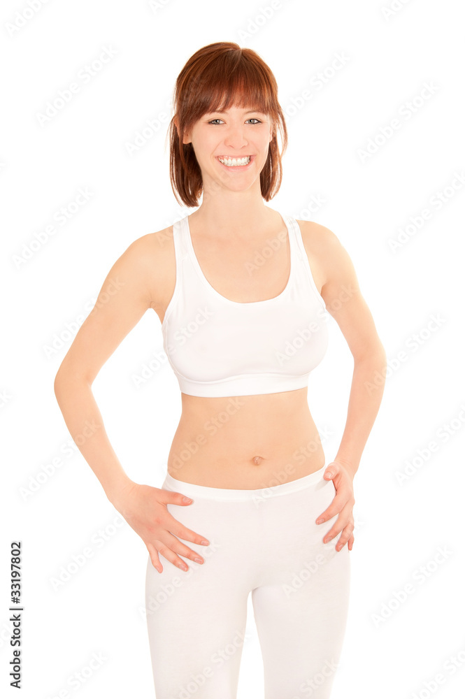 Junge sportliche Frau in weißer Sportbekleidung Junge sportliche Frau in weißer Sportbekleidung