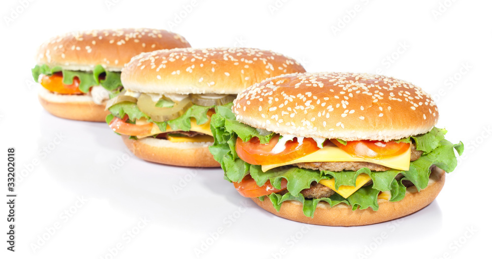 arrangement of hamburgers isolated on white arrangement of hamburgers isolated on white