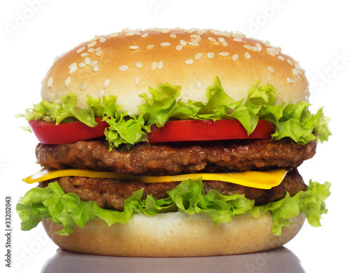 Valokuvatapetti big hamburger isolated on white