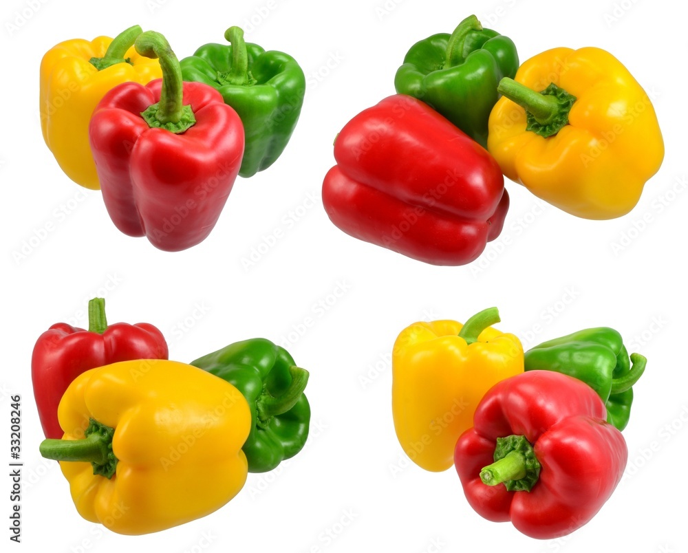 A collection of bell paprikas isolated on white background A collection of bell paprikas isolated on white background