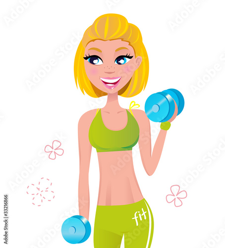 Beautiful fit blond hair woman exercising with weights