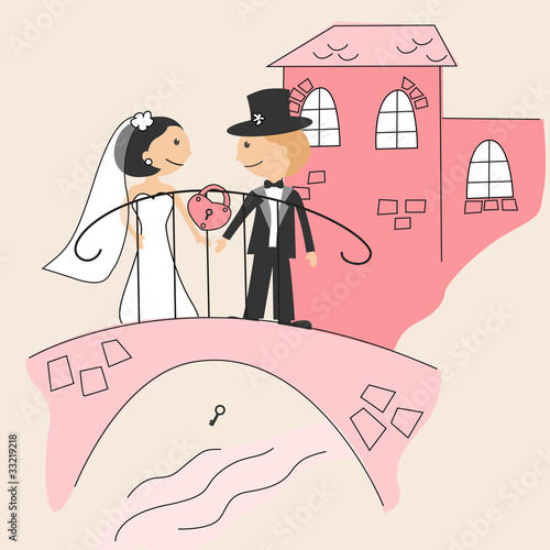 Wedding invitation with funny bride and groom on bridge
