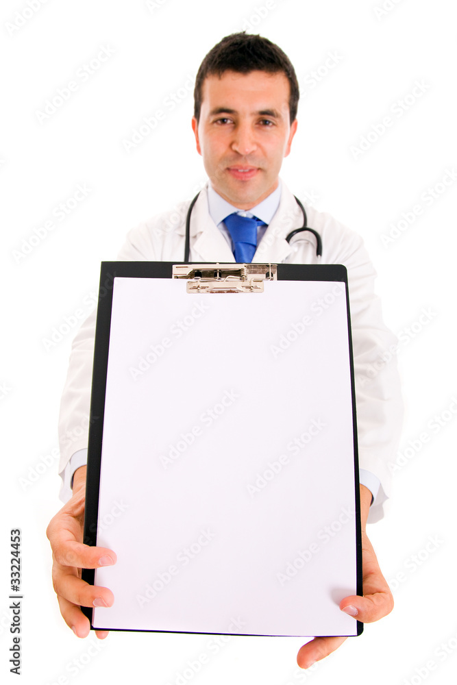 Top view of a smiling young doctor holding a white blank card is Top view of a smiling young doctor holding a white blank card is