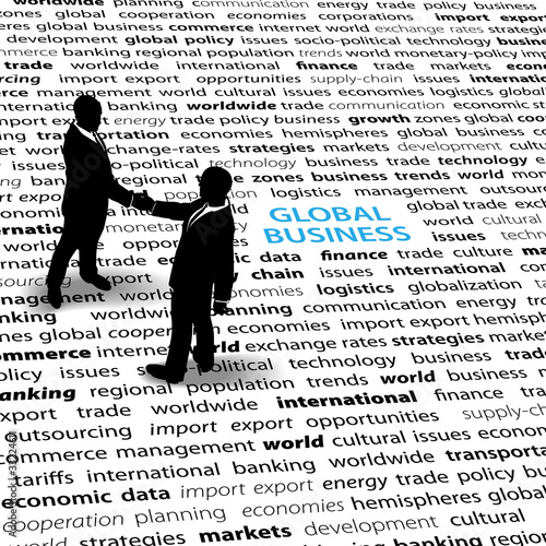 Business people global economic issues text page