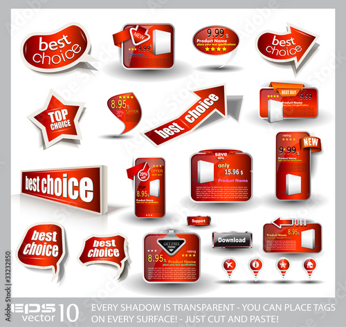 Big set of red sale and advertisement labels