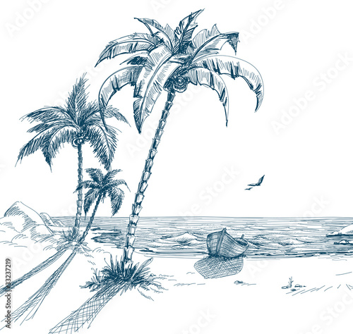 Summer beach with palm trees, seagulls and boat on shore #33237219
