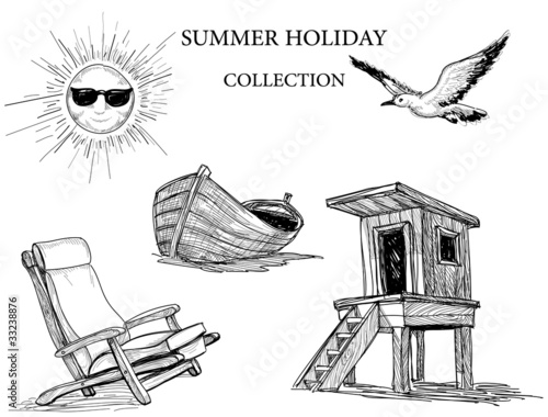 Summer beach collection of drawings