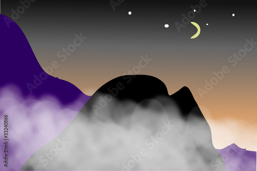 View of the mountains in night. Vector illustration.