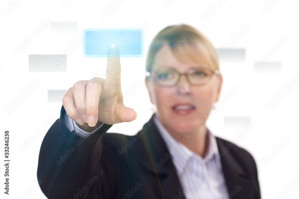 Woman Pushing an Interactive Touch Screen Button Woman Pushing an Interactive Touch Screen Button