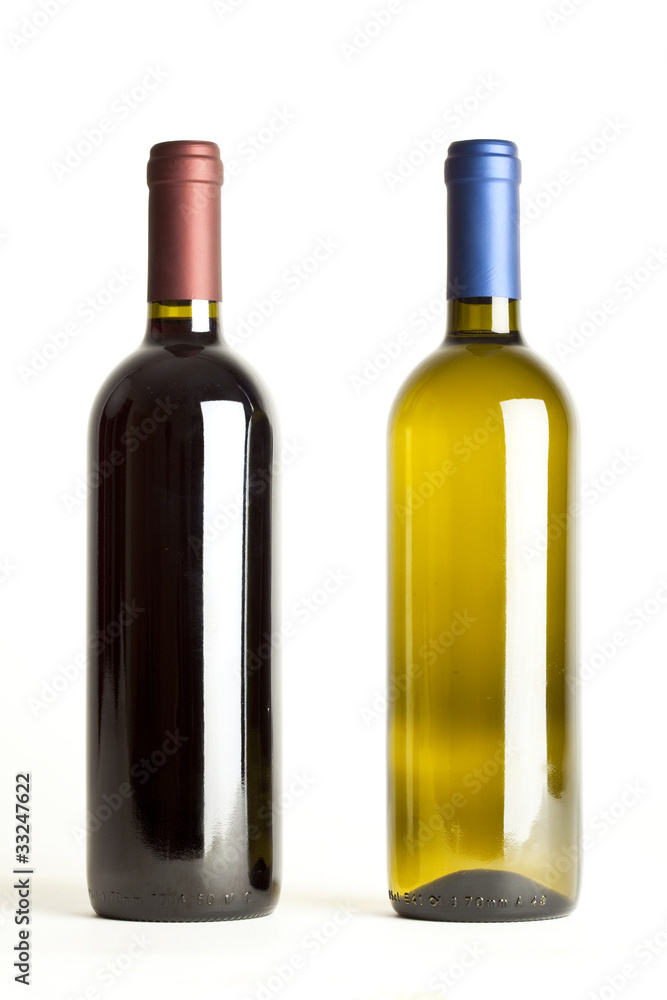 Red and white wine bottles on white background Red and white wine bottles on white background