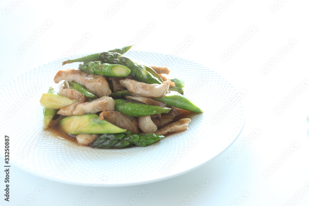 Chinese cuisine, asparagus and pork stir fried Chinese cuisine, asparagus and pork stir fried
