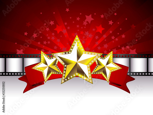 Background with Golden Stars on the Red Banner and Film Stripe