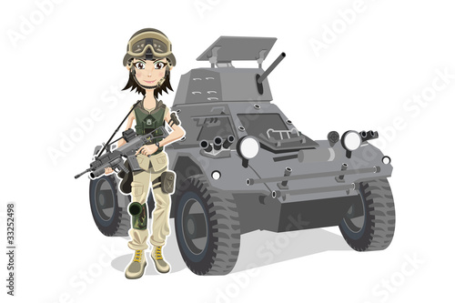 Beautiful Soldier With Gun and Tank
