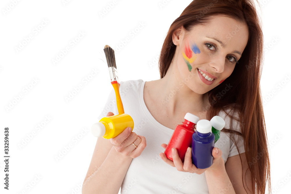 Young woman with paints and paintbrush. Young woman with paints and paintbrush.