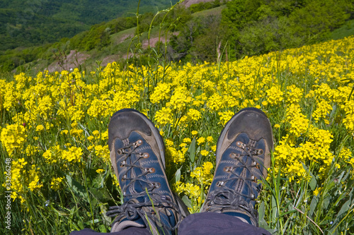 hikers boots on mountain meadow