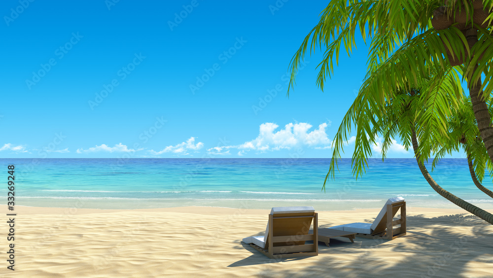 Two stylish beach chairs on idyllic tropical white sand beach
