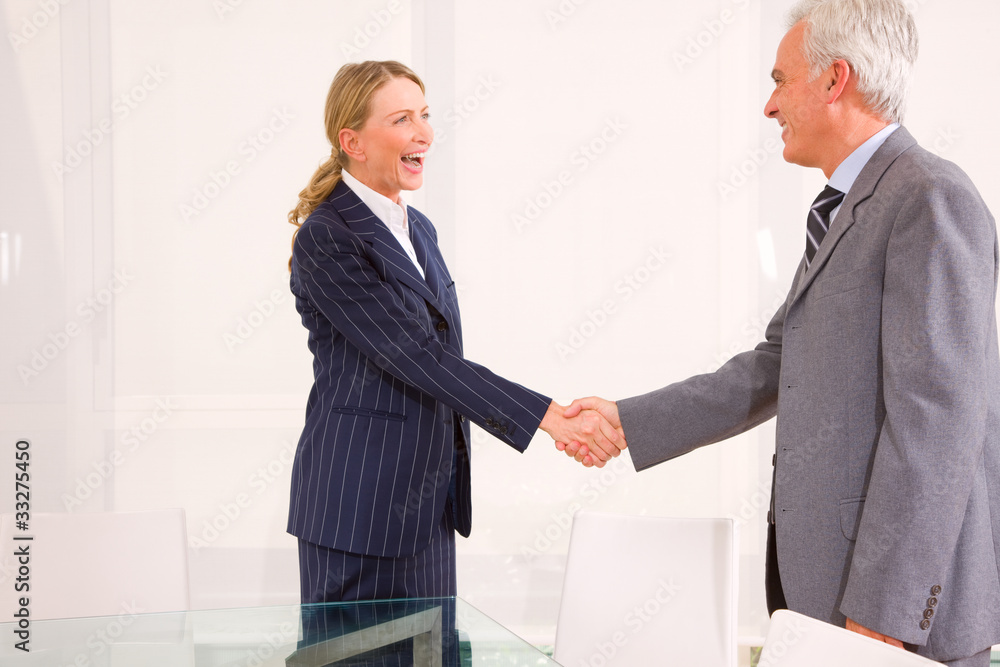 businessman and businesswoman meet and shaking hands businessman and businesswoman meet and shaking hands