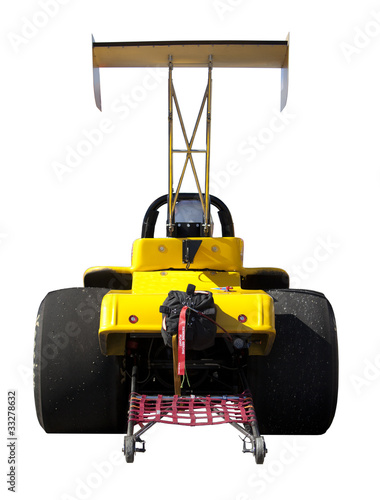 Obraz na plátně Yellow dragster seen from behind isolated on white