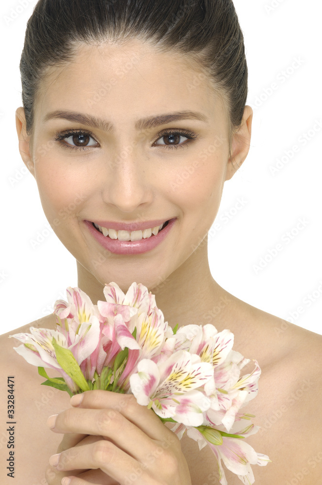 Close up happy young woman with orchid Close up happy young woman with orchid