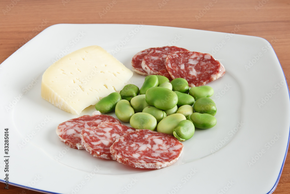 dish with beans salami and cheese - fave salame e pecorino dish with beans salami and cheese - fave salame e pecorino