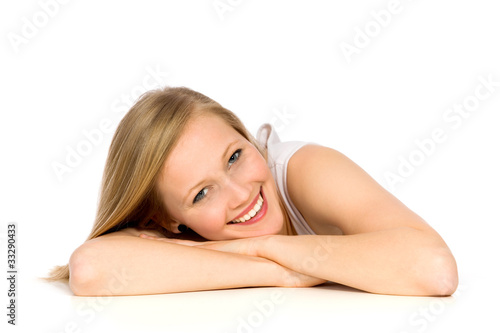 Young woman leaning on table