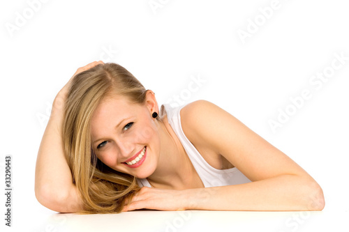Girl leaning on table