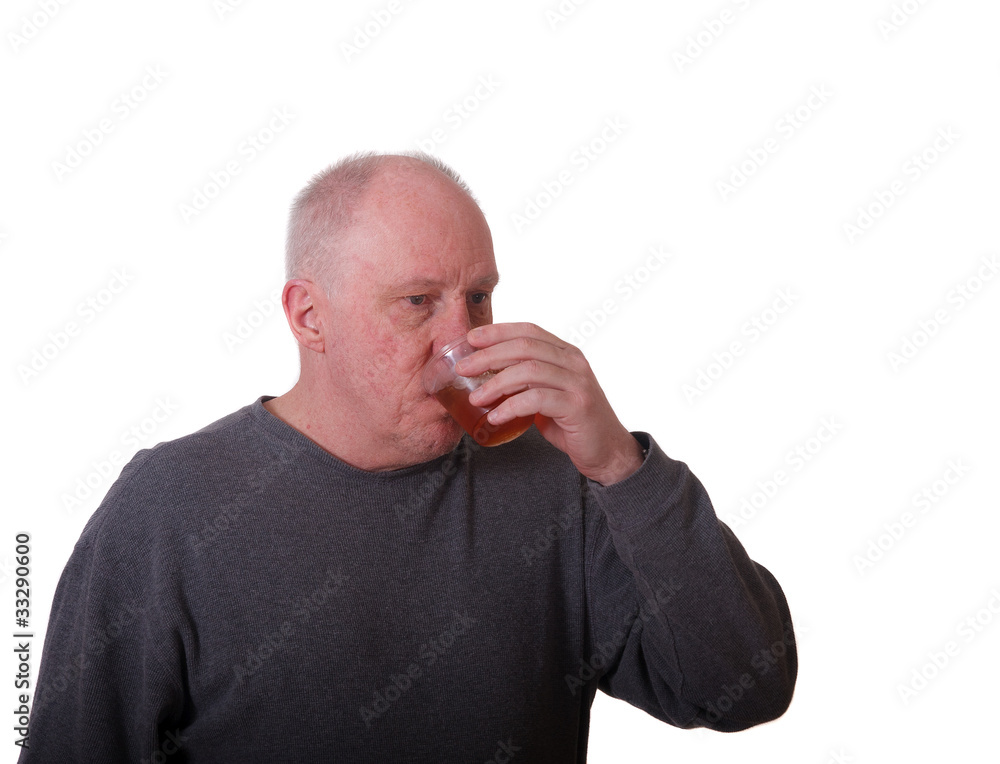 Older Balding Man Drinking from Plastic Cup Older Balding Man Drinking from Plastic Cup