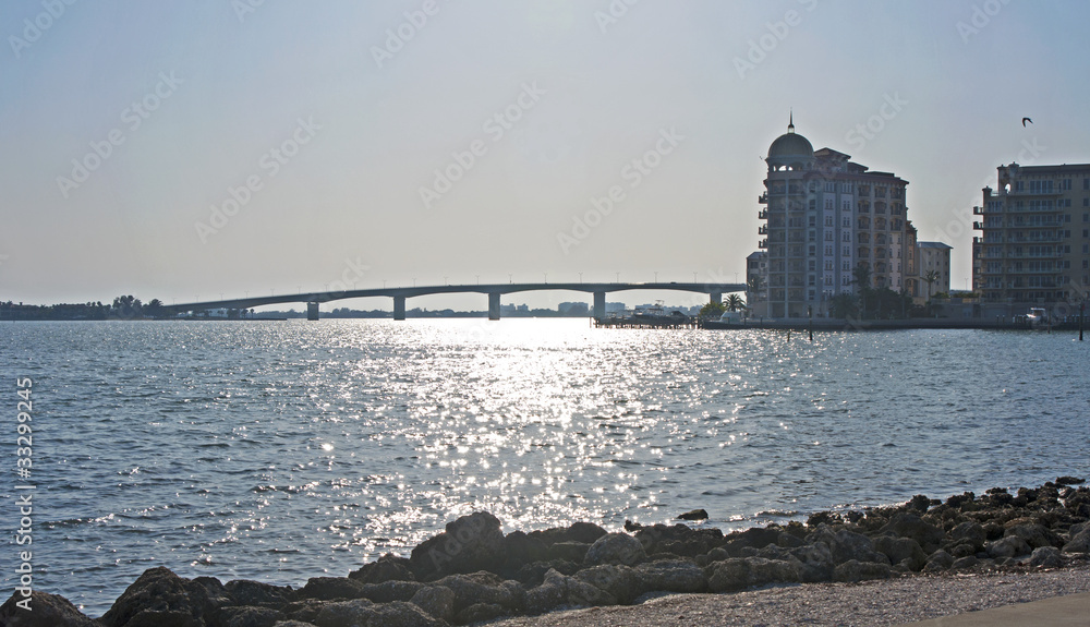 Waterfront view of Sarasota bridge.