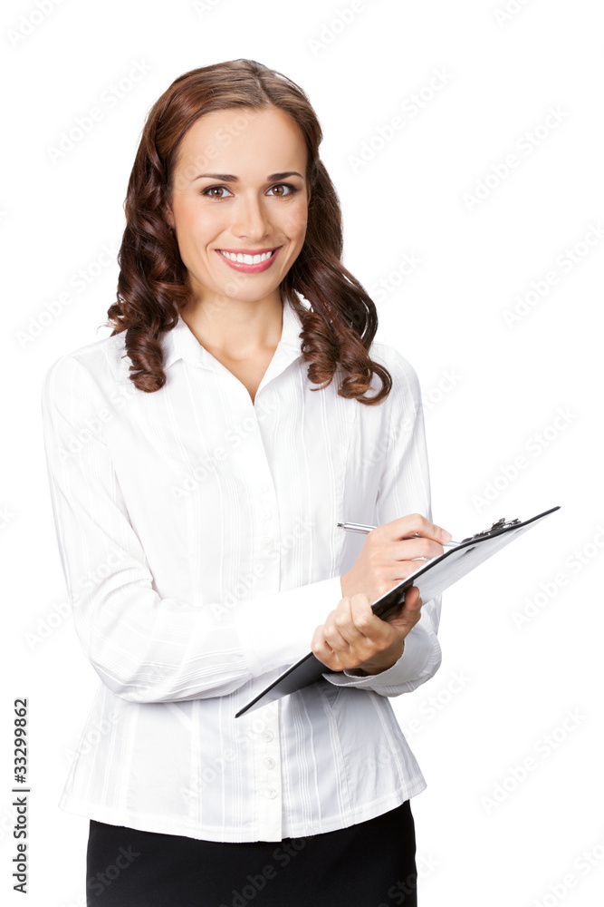 Happy smiling businesswoman with clipboard writing, isolated Happy smiling businesswoman with clipboard writing, isolated
