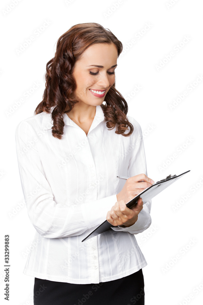 Happy smiling businesswoman with clipboard writing, isolated Happy smiling businesswoman with clipboard writing, isolated